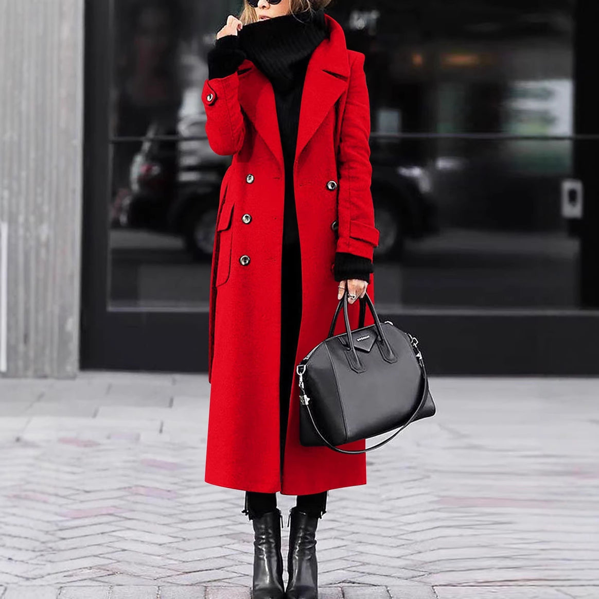 Women Long Double-Breasted Wool Blend Coat with Distinctive Lapels and Flap Pockets Mune Fashion