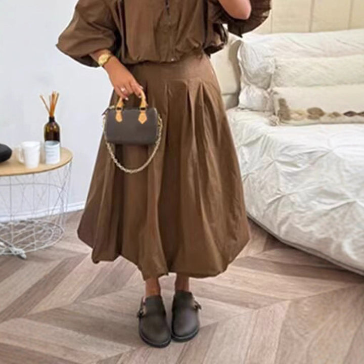 Women Tailored A-Line Midi Skirt with Pleats & High Waist Mune Fashion