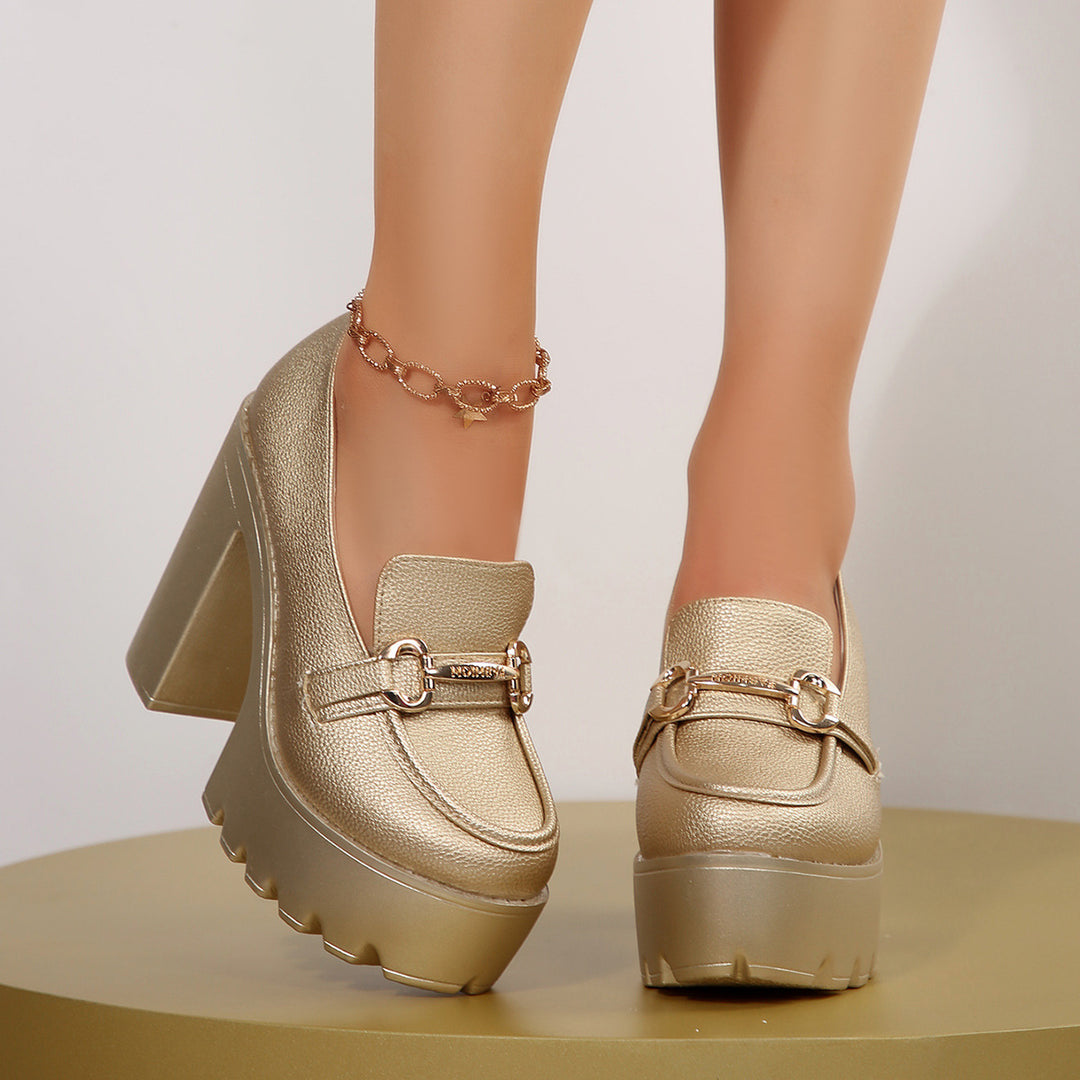 Women's Chunky Platform Loafer with High Block Heel and Decorative Bit Mune Fashion