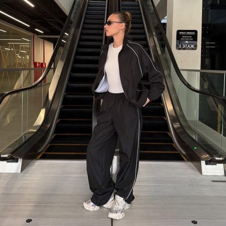 Women's Two-Piece Loungewear Set with Stand Collar Zip Jacket and Wide Pleated Pants Mune Fashion