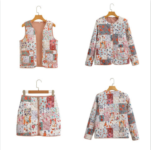 Women's Quilted Patchwork Jacket Vest and Mini Skirt Set Mune Fashion