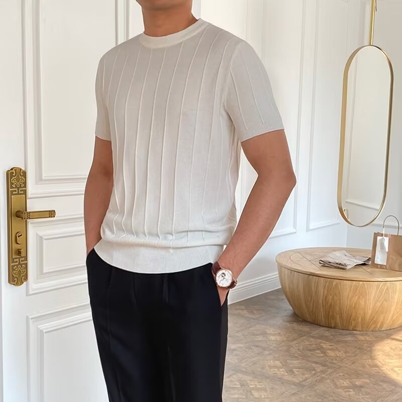Men's Short Sleeve Knit Sweater with Ribbed Structure Mune Fashion