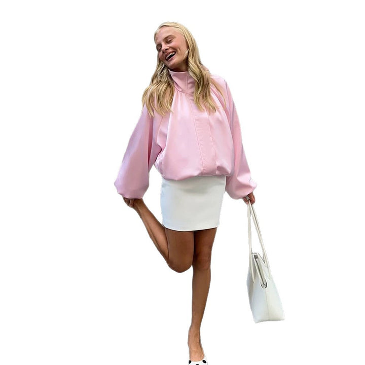 Ladies oversized blouse with stand-up collar, gathered shoulder yoke and balloon sleeves Mune Fashion