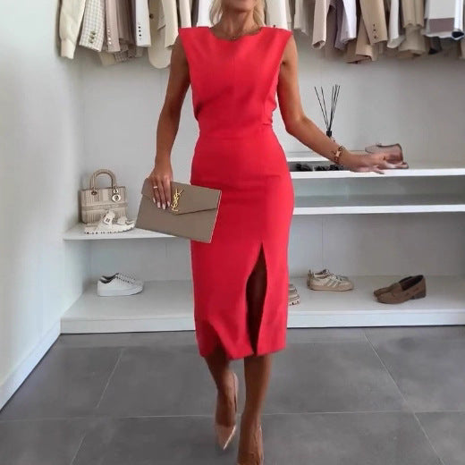 Women's body-hugging sheath dress with distinctive shoulder area and asymmetrical thigh slit Mune Fashion
