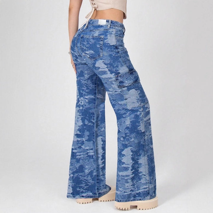 Women’s High-Waisted Palazzo Cargo Jeans made of Camouflage Denim with Patch Pockets Mune Fashion
