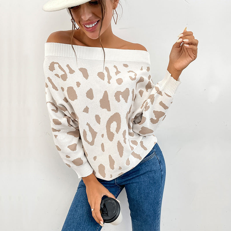 Ladies Carmen sweater in leopard jacquard oversized with wide neckline Mune Fashion