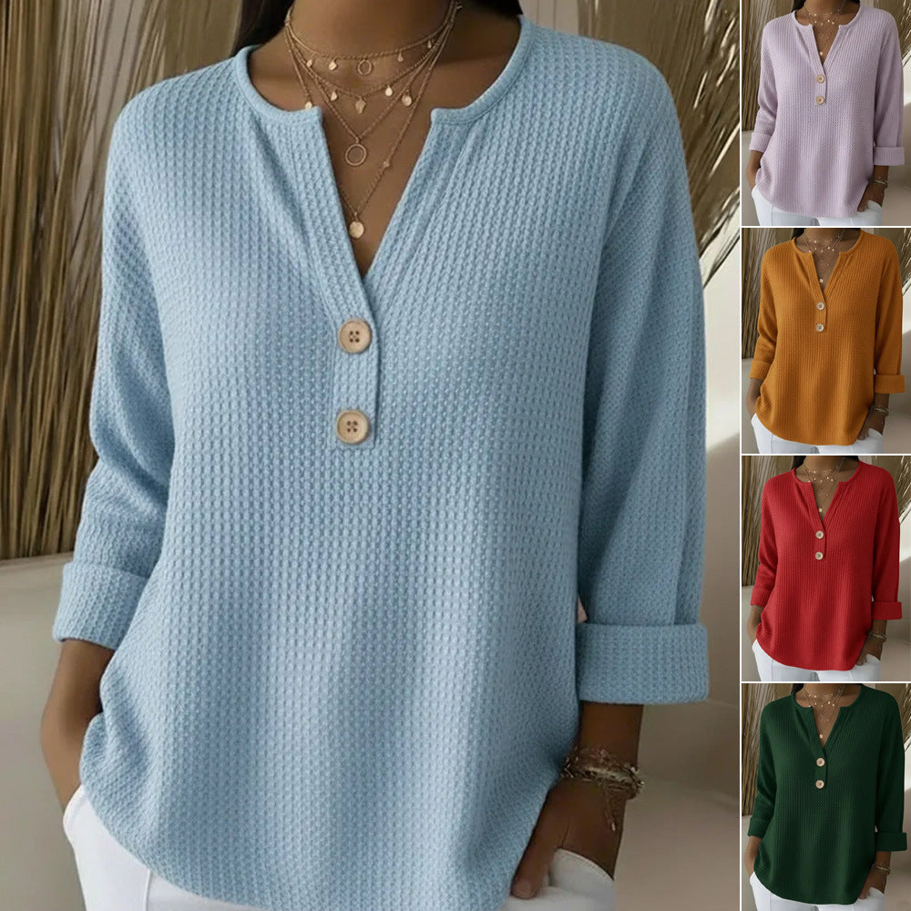 Women's waffle-knit henley shirt with wooden buttons and roll-up sleeves Mune Fashion
