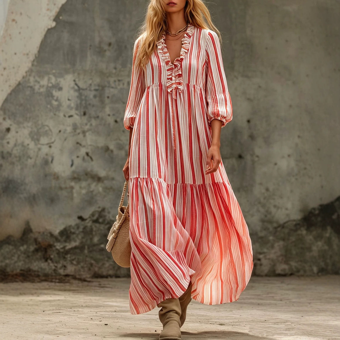 Women's Maxi Dress with Ruffle V-Neck and Balloon Sleeves Mune Fashion