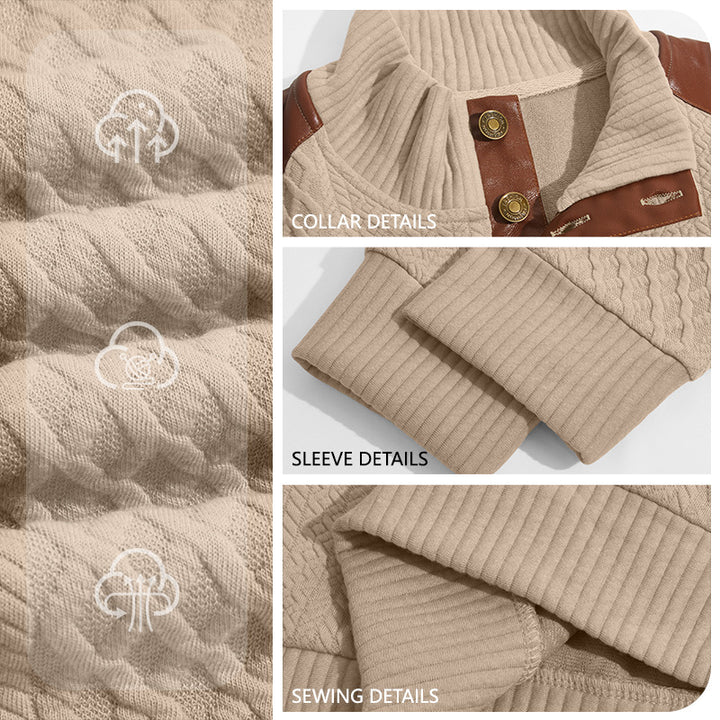 Men's pullover with stand-up collar, cable pattern and contrasting leather applications Mune Fashion