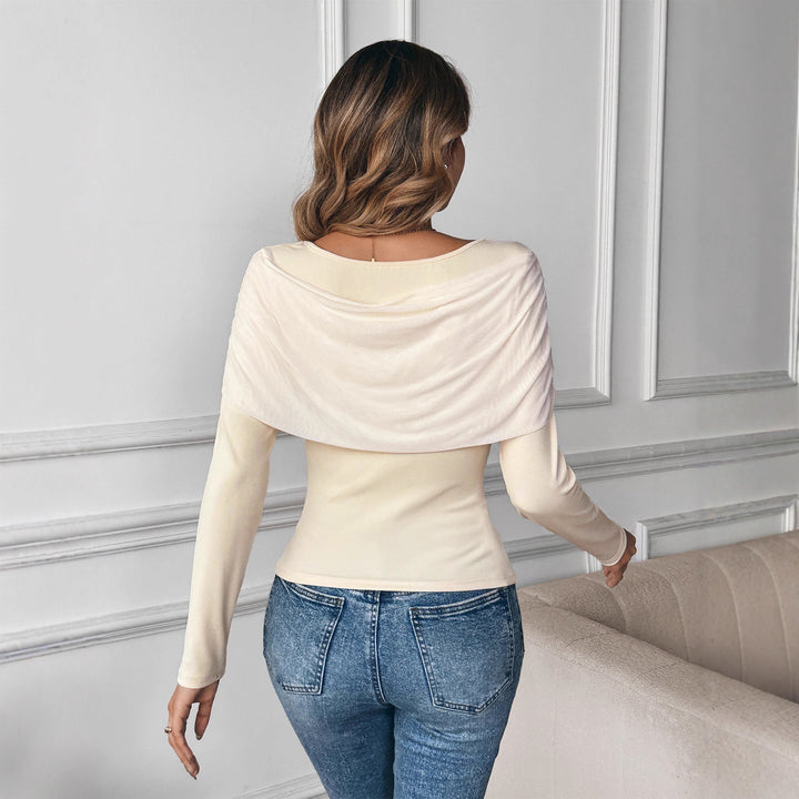 Women's Fitted Long Sleeve Shirt with Chiffon Shoulder Detail and Knot Decoration Mune Fashion