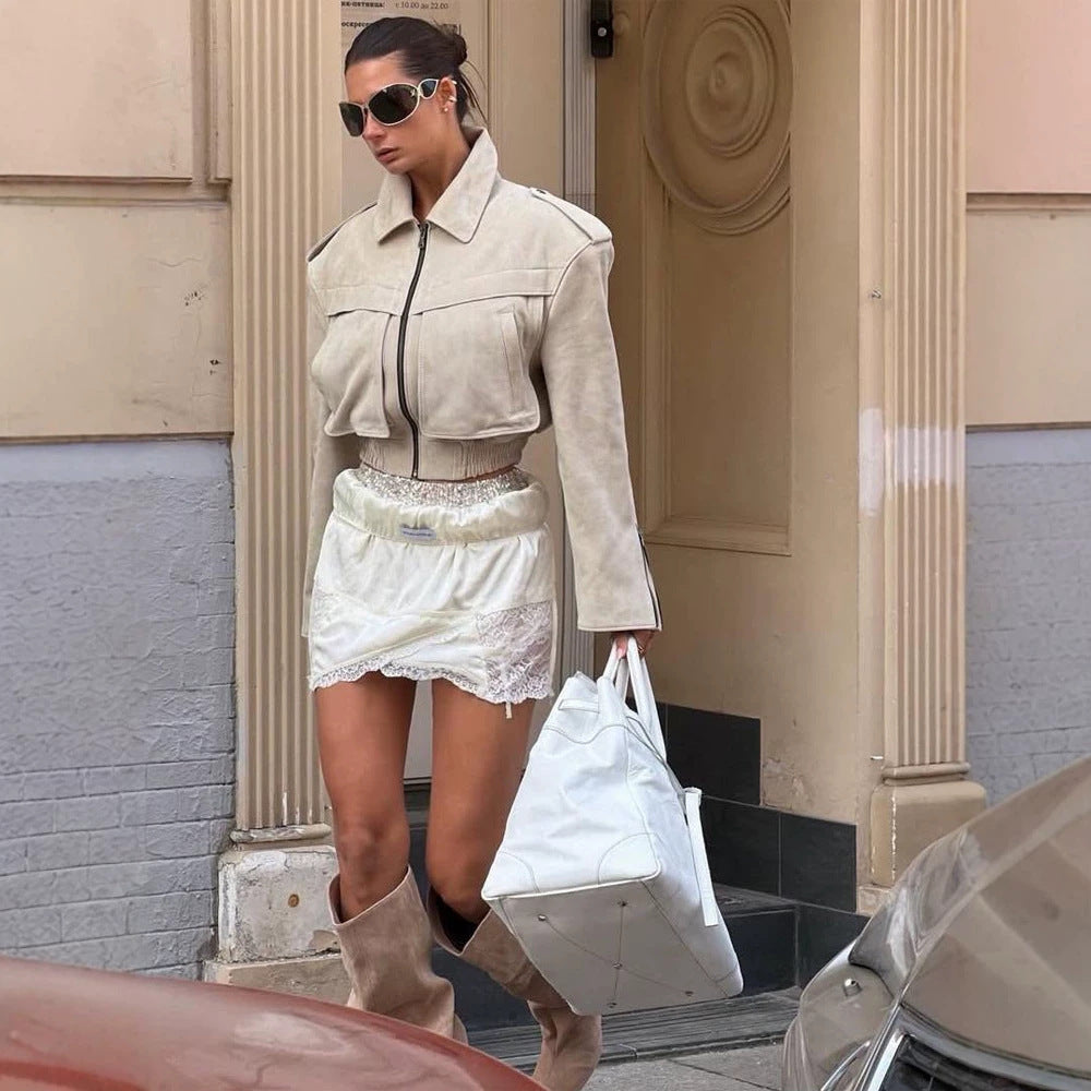 Women's Short Cut Suede Bomber Jacket with Zipper and Tailored Ribbed Cuffs Mune Fashion