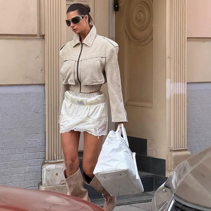 Women's Short Cut Suede Bomber Jacket with Zipper and Tailored Ribbed Cuffs Mune Fashion