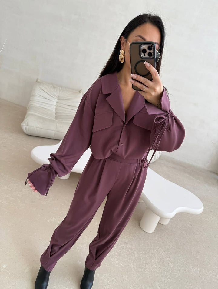 Women's Two-Piece Loungewear Set with Oversized Blouse, Patch Pockets, Drawstring Cuffs, and High-Waisted Jog Pants Mune Fashion
