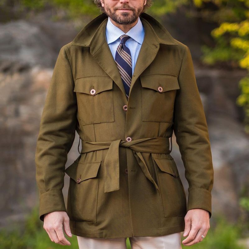 Men's Tailored Field Jacket with Tie Belt, Flap Pockets and Kent Collar Mune Fashion