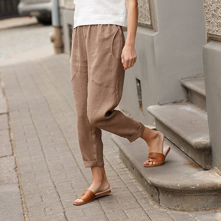 Women's light linen pants with elastic waistband, side pockets, and rolled hem Mune Fashion
