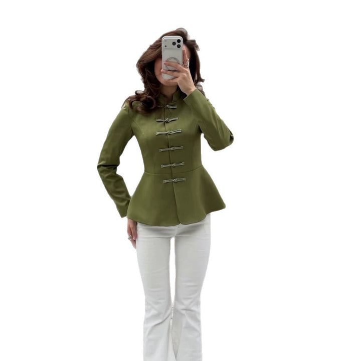 Women's Tailored Military-Inspired Jacket with Stand Collar, Drawstring Closures, and Peplum