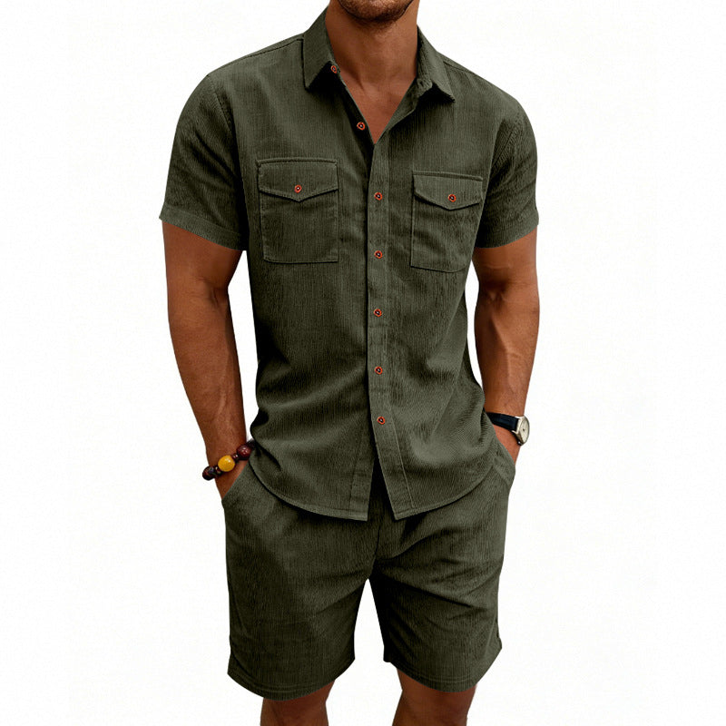 Men's structured cord leisure set with camp collar shirt and casual shorts Mune Fashion