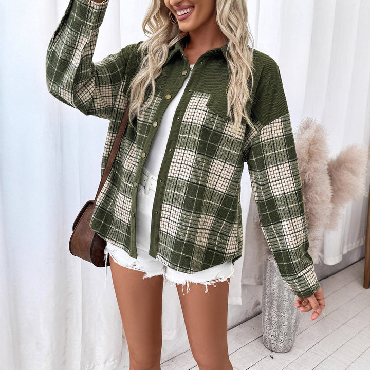 Women’s oversized check shirt jacket with corduroy collar and patch chest pockets Mune Fashion