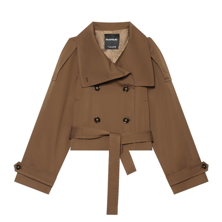 Women's Short Trench Coat in Cropped Cut with Double-Breasted Button Placket and Waist Belt Mune Fashion