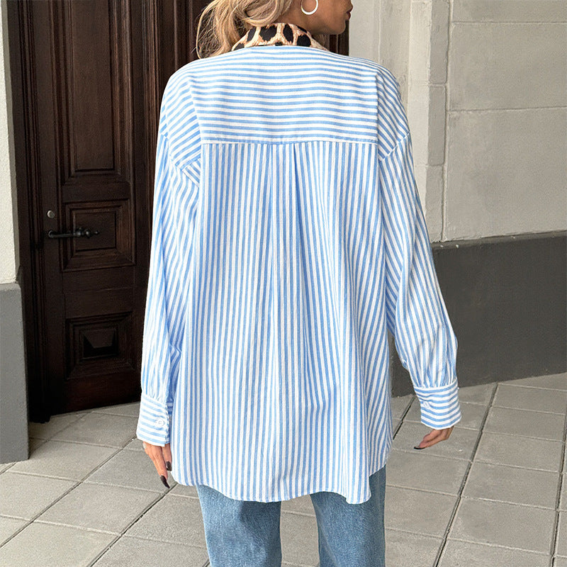 Women's Oversize Shirt Blouse with Striped Patchwork, Leopard Applique and Floral Print Mune Fashion