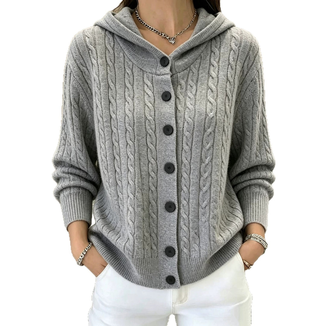 Women's Hooded Cardigan with Cable Pattern and Full Button Placket Mune Fashion