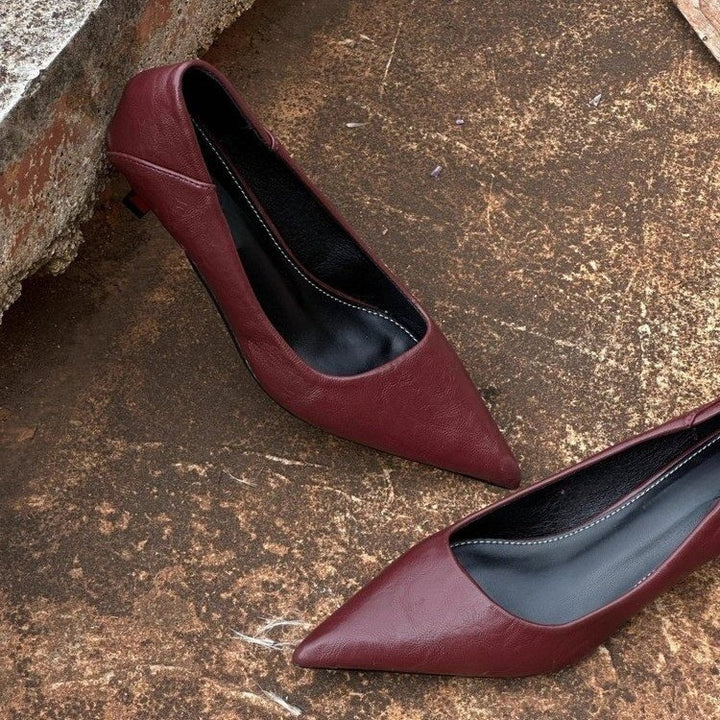 Women's minimalist pointed toe leather look pumps with ergonomic low heel Mune Fashion