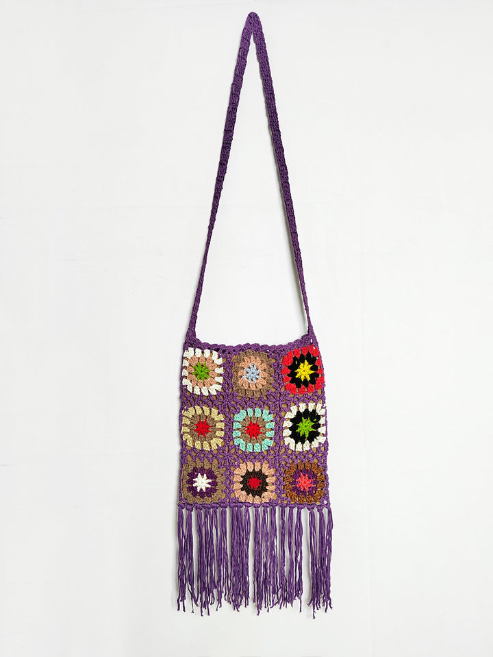 Women crocheted shoulder bag with colorful floral patterns and fringes Mune Fashion