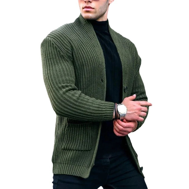 Men's chunky knit cardigan with shawl collar and patch pockets Mune Fashion