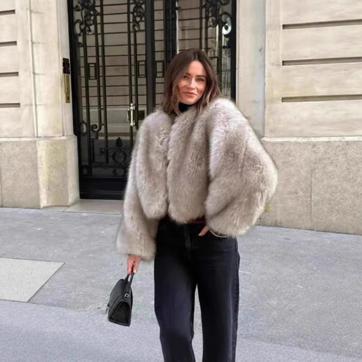 Women Cropped Faux Fur Bomber with Round Neck, Soft Draping High Pile and Boxy Silhouette Mune Fashion