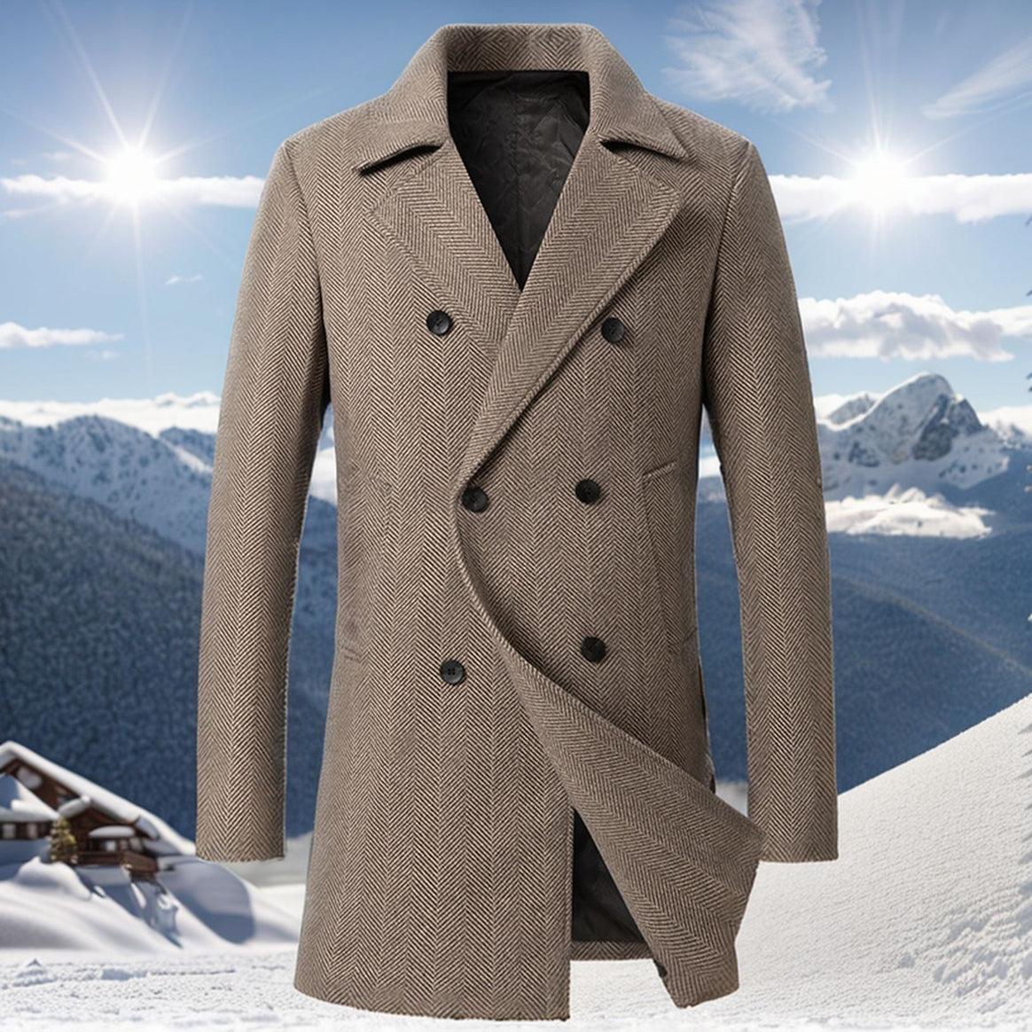 Men's Double-breasted Wool Coat with Herringbone Pattern Mune Fashion
