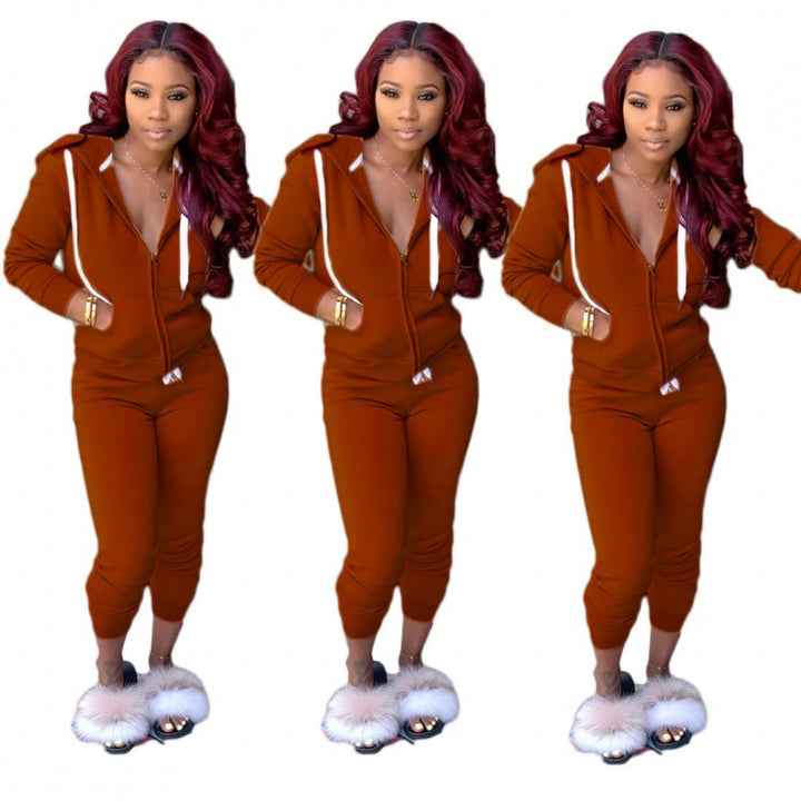 Ladies fitted hooded sweatdress set with zipper and snug jogging pants Mune Fashion