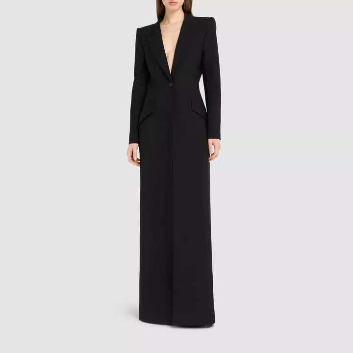 Women’s long tailored blazer dress with deep V-neckline and structured shoulder pads Mune Fashion