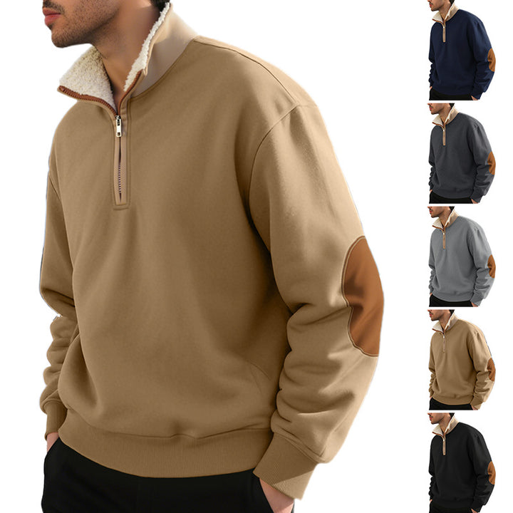 Men's nano lightweight half-zip sweatshirt with sherpa lined stand-up collar and faux leather elbow patch Mune Fashion