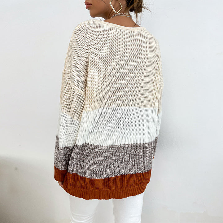 Women Chunky Knit Colorblock Pullover, Oversized with Round Neckline and Extended Cuffs Mune Fashion