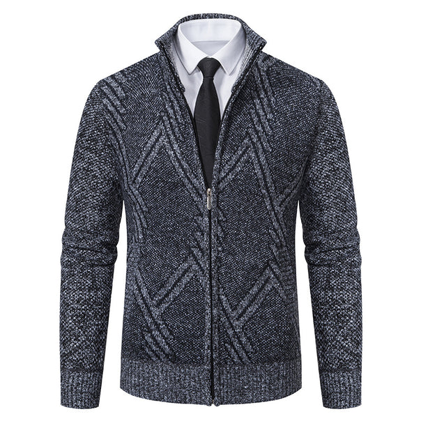 Men's Fine Jacquard Cardigan with Full Zip, Stand Collar and Side Pockets Mune Fashion