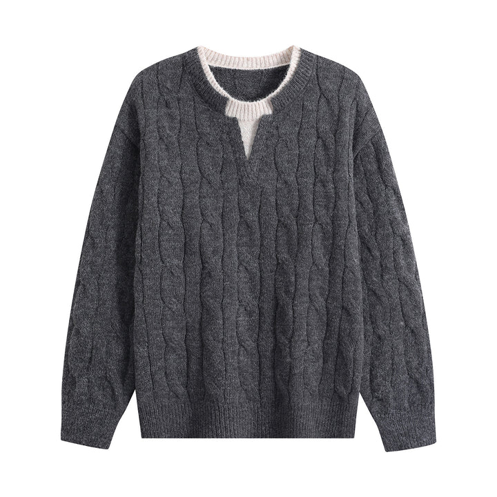 Women Oversize Cable Knit Sweater with V-Slit Collar Mune Fashion