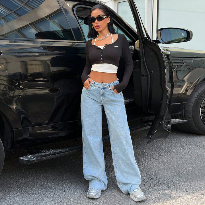 Women High-Waist Oversized Jeans with Wide Leg and Side Wedge Slits Mune Fashion