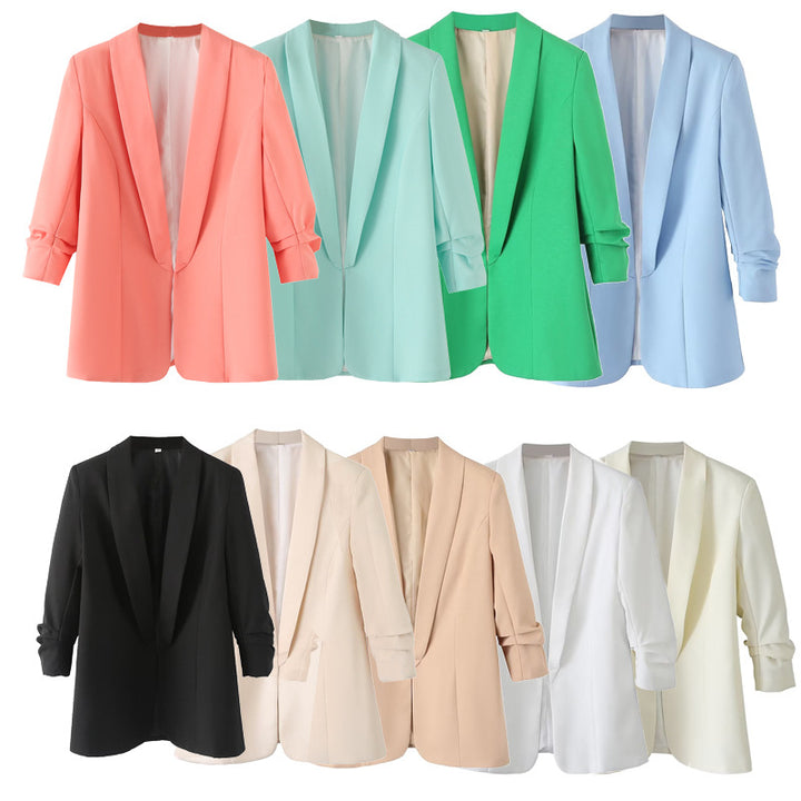 Women's unstructured longer blazer with shawl collar and roll-up sleeves Mune Fashion