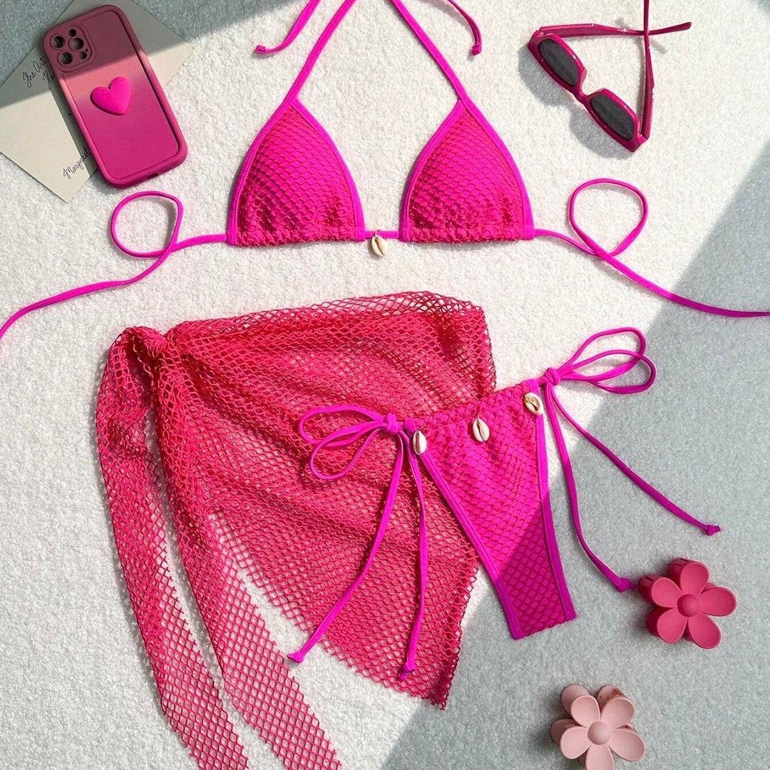 Women's triangle bikini with transparent mesh fabric and lacing details Mune Fashion