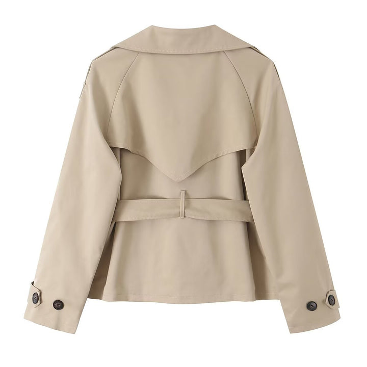 Women's Short Tailored Trench Blouson with Hooded Collar, Bow Tie Belt and Raglan Sleeves Drune