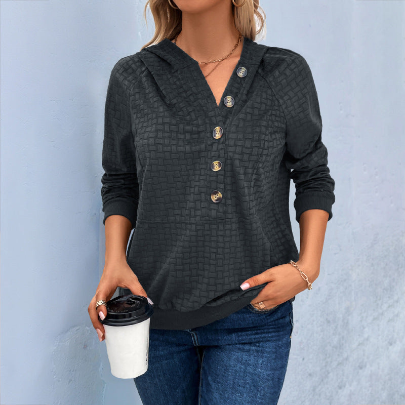 Women's Textured Hooded Henley Sweater with Button Placket and Kangaroo Pocket Mune Fashion