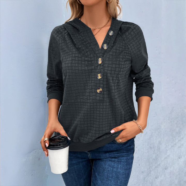 Women's Textured Hooded Henley Sweater with Button Placket and Kangaroo Pocket Mune Fashion