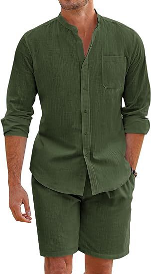 Men's linen-look two-piece set with stand-up collar shirt, chest pocket, and casual shorts Mune Fashion