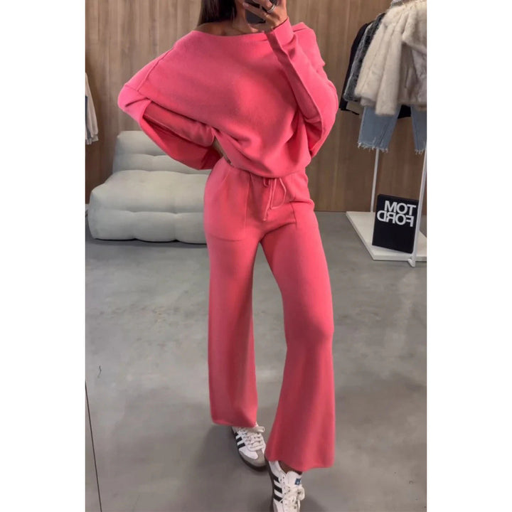 Women's Knit Loungewear Set with Oversized Shoulder, Wide Leg and Drawstring Mune Fashion