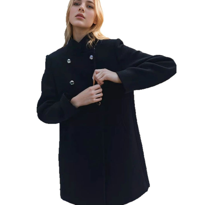 Ladies Double-Breasted Mini Coat with Stand Collar and Decorative Metal Buttons Mune Fashion