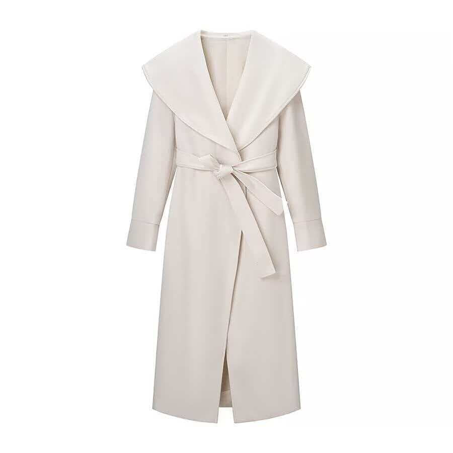 Women's Maxi Coat in Wrap Style with Wide Shawl Collar and Rolled-Up Sleeves Mune Fashion