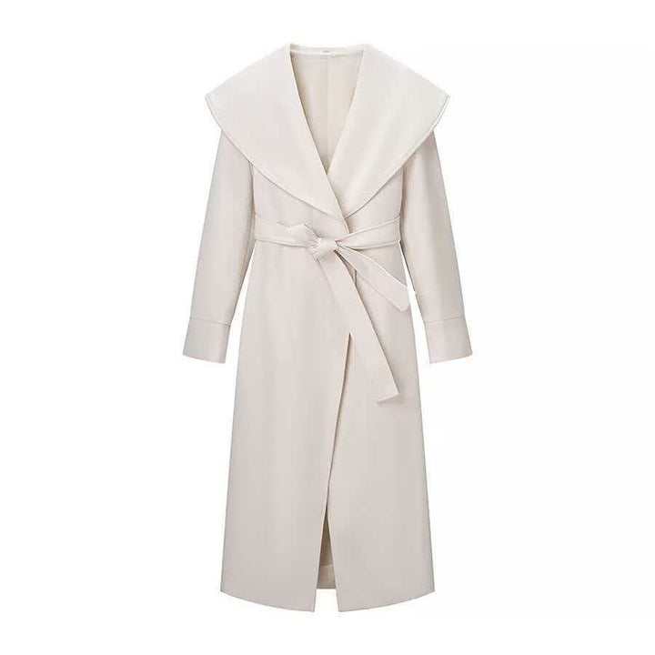 Women's Maxi Coat in Wrap Style with Wide Shawl Collar and Rolled-Up Sleeves Mune Fashion