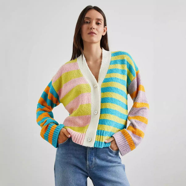 Women’s loose striped terry cardigan with V-neck and button placket Mune Fashion