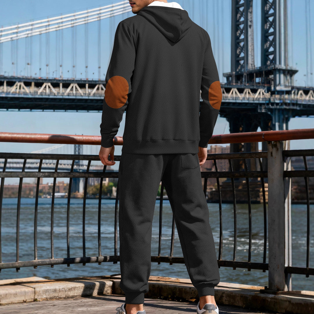 Men's textured hoodie jogging set with Henley button placket and contrast elbow patches Mune Fashion