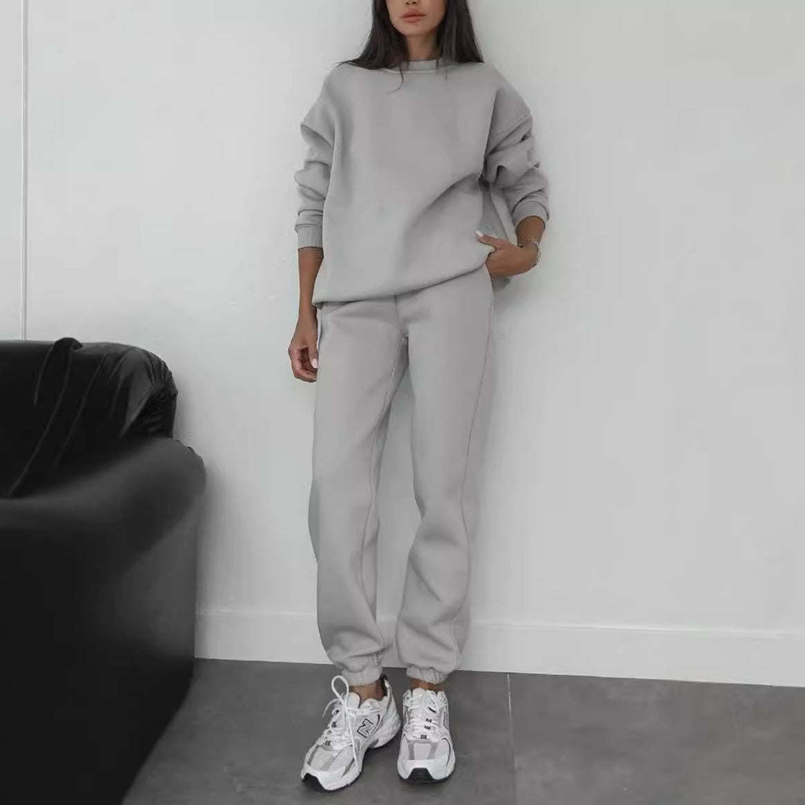 Women's minimalist cozy set made of heavy French terry with wide crew neck sweater and straight joggers Mune Fashion